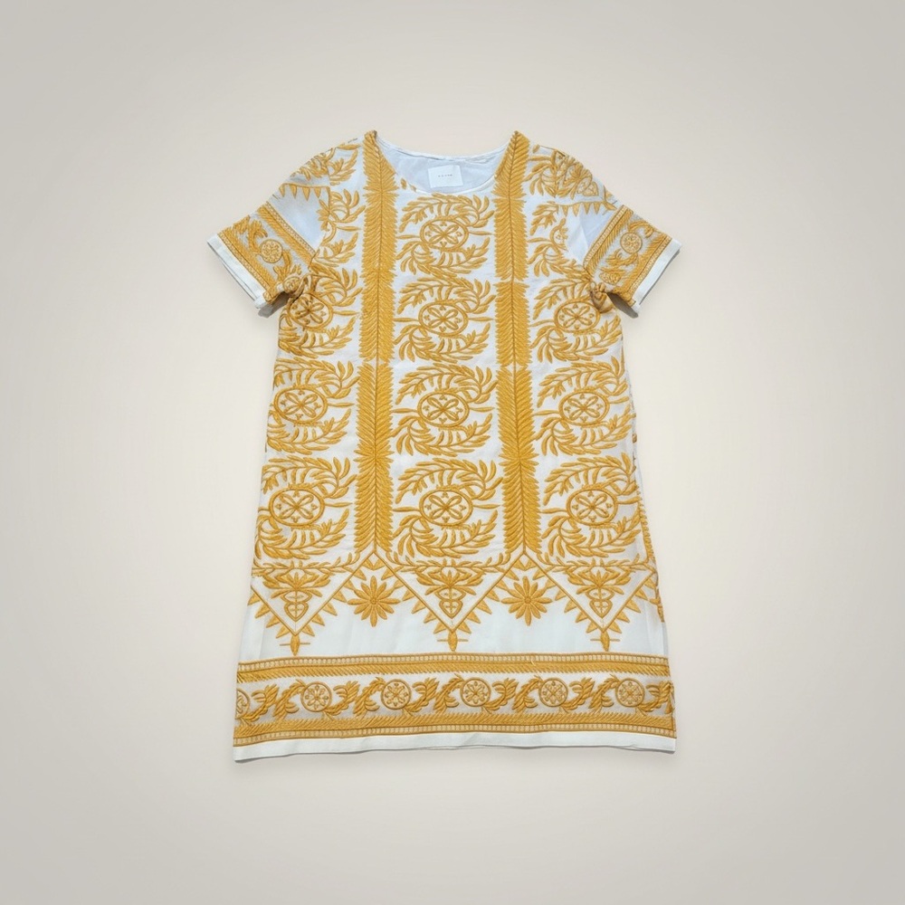 All:Row White and Yellow Embroidered Mini Dress | Boho Shift Dress Size L - Picture 3 of 13